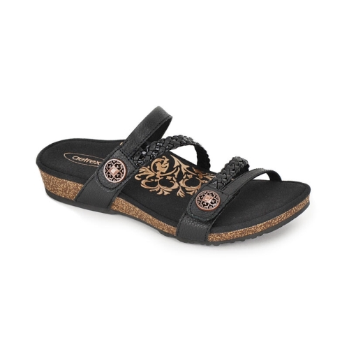 Black Aetrex Janey Braided Slide Women's Sandals | VTBCH-2385