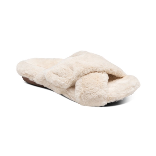 Ivory Aetrex Penelope Adjustable Faux Fur Women's Slippers | NYPCE-4629