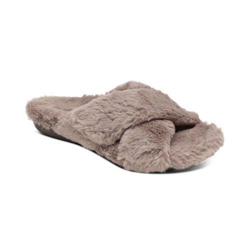 Taupe Aetrex Penelope Adjustable Faux Fur Women's Slippers | MHKRC-2436