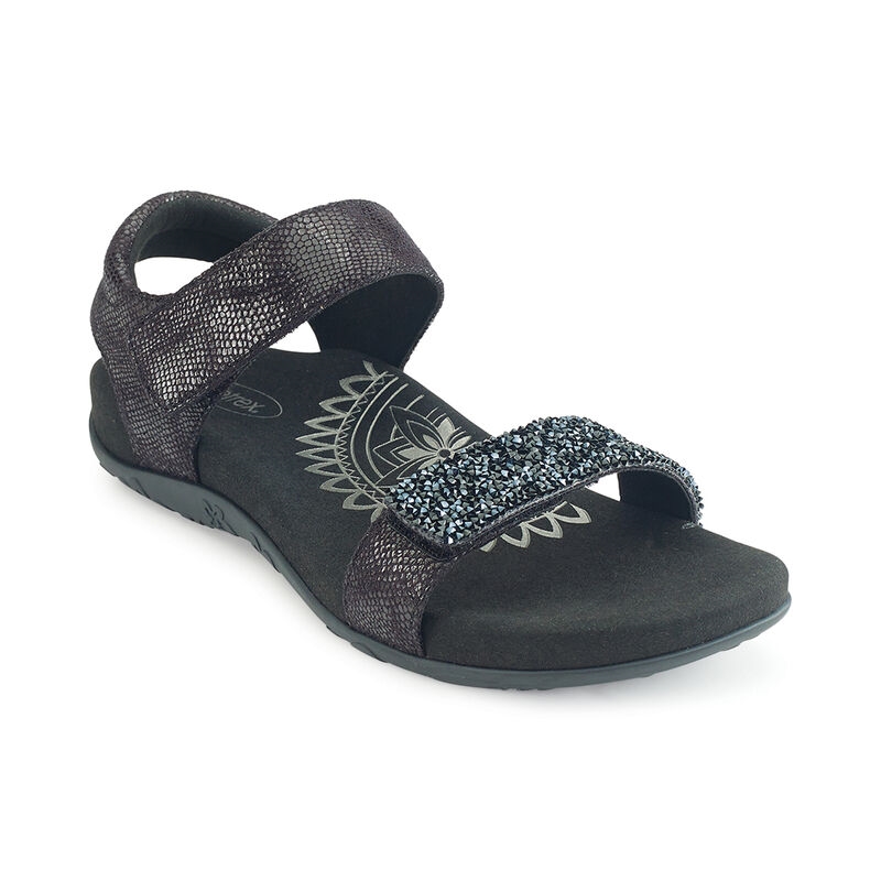 Jeweled Black Aetrex Maria Studded Quarter Strap Women's Sandals | FRUHA-2476